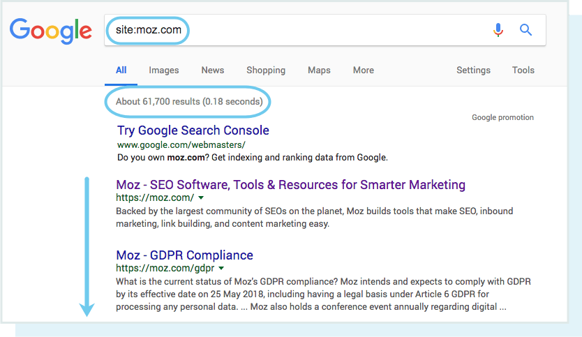 A screenshot of a site:moz.com search in Google, showing the number of results below the search box.